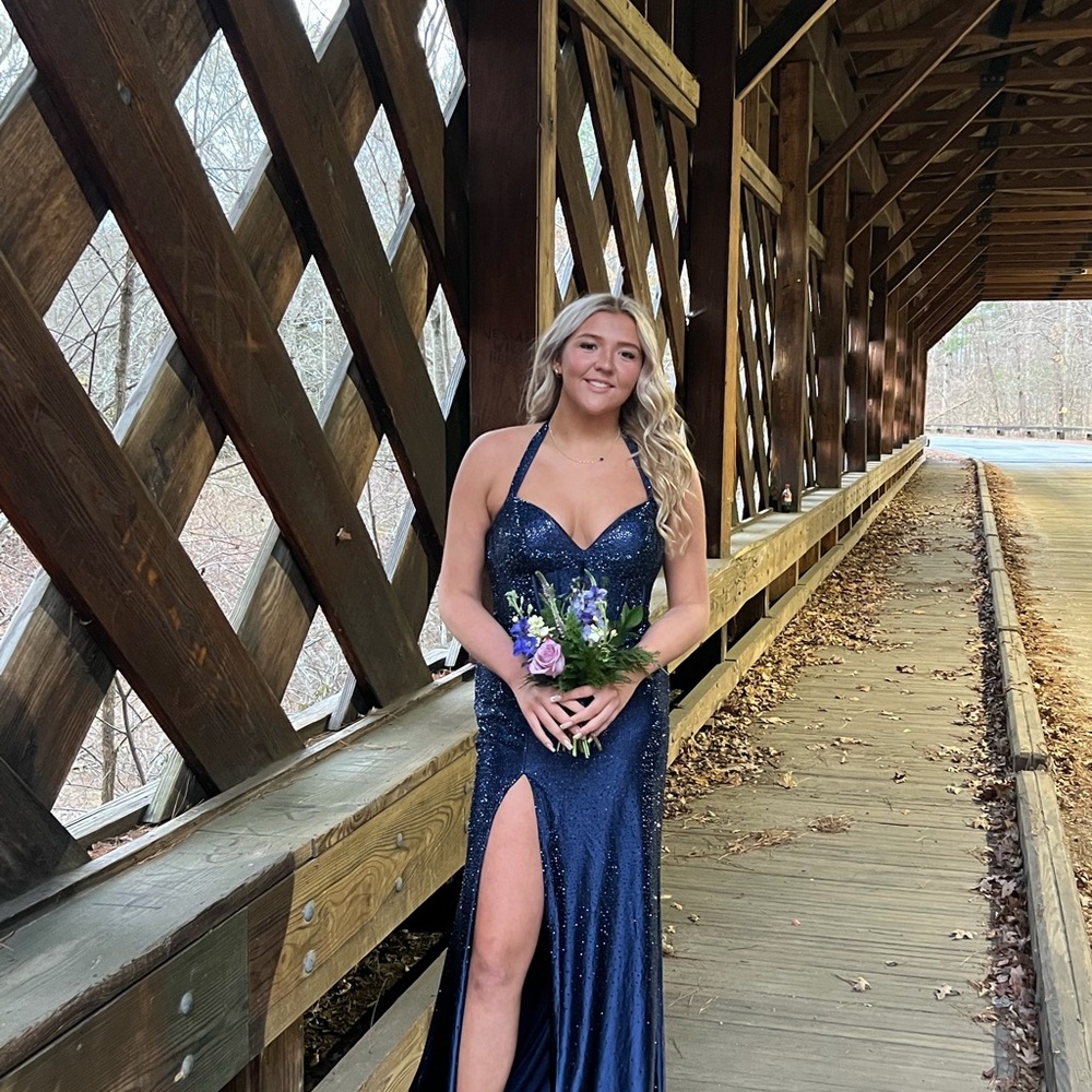 Sherri Hill Navy Strapless Sequin Mermaid Gown - Picture 2 of 7